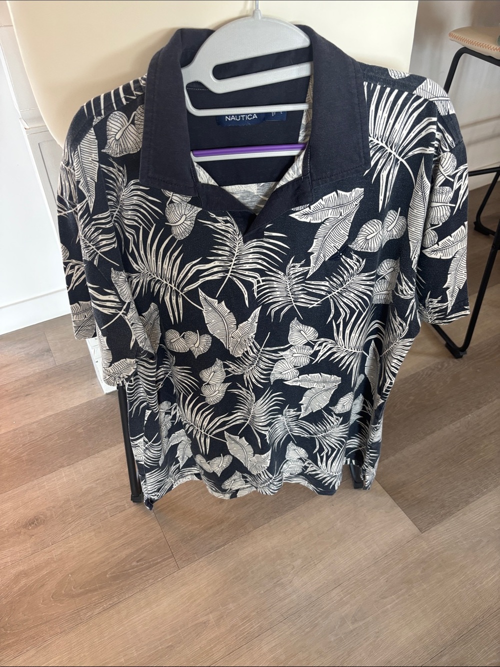 Nautica Blue Polo with White Tropical Leaf Print